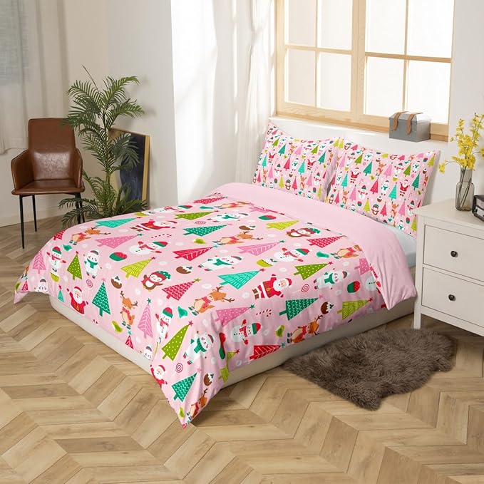 Christmas Bedding Set for Kids Boys Girls Cute Santa Claus Deer Comforter Cover Set Pink Christmas Tree Duvet Cover Bedroom Decor Kawaii Xmas Theme Bedspread Cover Toddler Size Bedding Collection 2Pcs