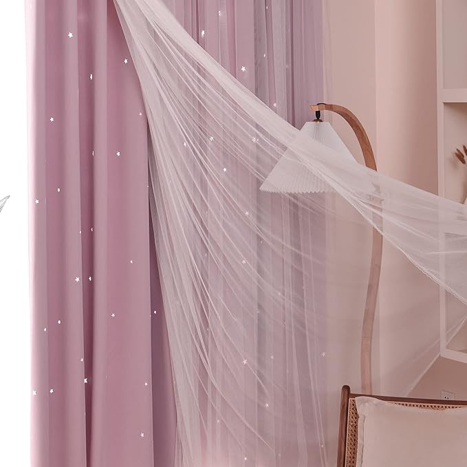 Kinryb Princess Curtains for Girls Bedroom with Sheer Overlay,Double Layer Curtain for Living Room with Star Cutout, Curtains for Kids Room (52 W*72 L Inches,2 Pcs Pink)