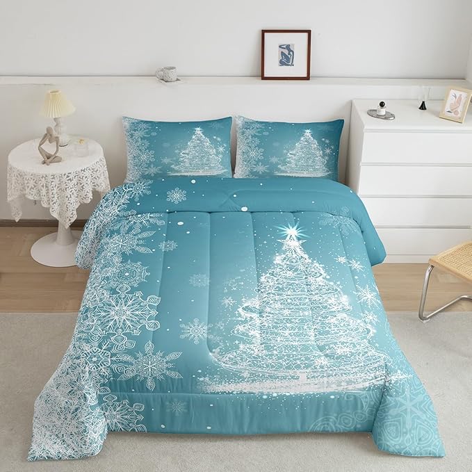 Castle Fairy Merry Christmas Comforter Set Twin Size,Glitter Xmas Trees Shiny Light Decor Bedding Set for Kids Boys Men,Blue Shiny Stars Snowflake Quilted Duvet Set with 1 Pillowcase