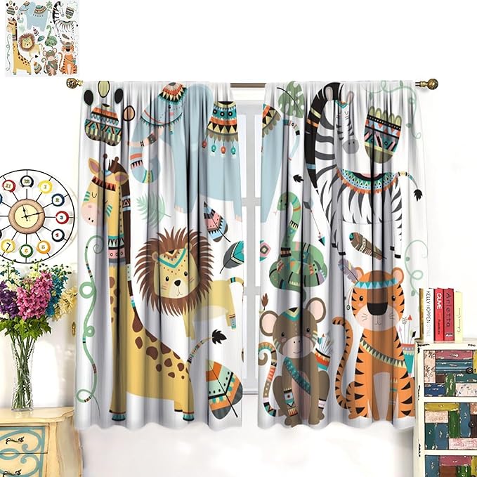Jungle Tribal Animals Curtains, Southwest Aztec Cartoon Funny Zoo Animals Giraffe Lion Elephant Zebra Tiger Print Thermal Insulation Window Drapes for Kids Boys Girls Bedroom Living Room 42x45 Inch