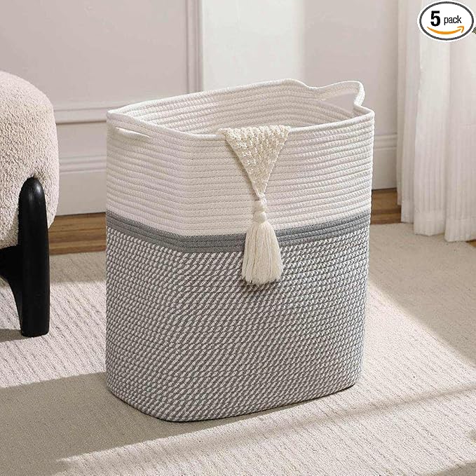 Tall Laundry Basket With Handles,Woven Cotton Rope Big Laundry Hamper Sorters,Versatile Storage for Dirty Clothes,Baby Toys,and Blankets in Bathroom, Nursery,and Living Room (White/Gray, 50L)