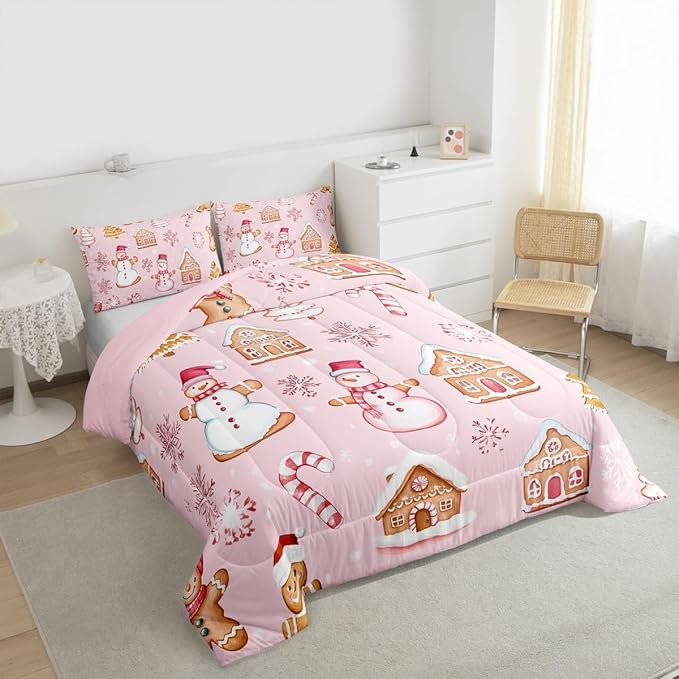 Feelyou Pink Christmas Kids Comforter Set Queen Size Snowman Bedding Set Gingerbread Man Duvet Quilt for Kids Boys Girls Bedroom Snowflake Candy Cane Decor Microfiber Ultra Soft Breathable