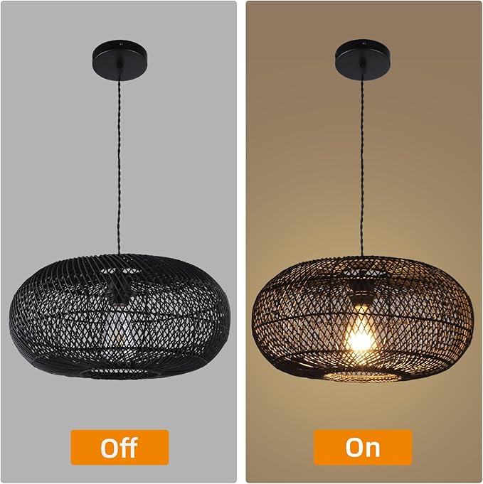 Rattan Pendant Light 15.75" 1-Light Hand-Woven Bamboo Rattan Hanging Lamp Large Globe Wicker Chandelier Modern Bohemian Adjustable Pendant Lamp for Kitchen Island Farmhouse Outdoor Porch Black.…