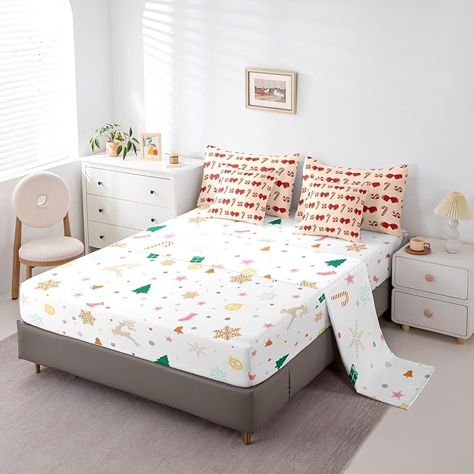 Feelyou Red Christmas Girly Comforter Set with Sheets Kids Christmas Bowknot Bedding Set Boys Girls Bow Candy Decor Bed in a Bag Xmas Theme Bed Set Bedroom Queen Size