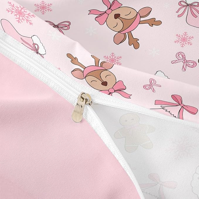 Feelyou Kids Pink Christmas Bedding Set Twin Size Merry Christmas Snowman Duvet Cover for Boys Girls Teens Bedroom Decor Santa Claus Comforter Cover Soft Microfiber Xmas Tree Deer with 1 Pillow Case
