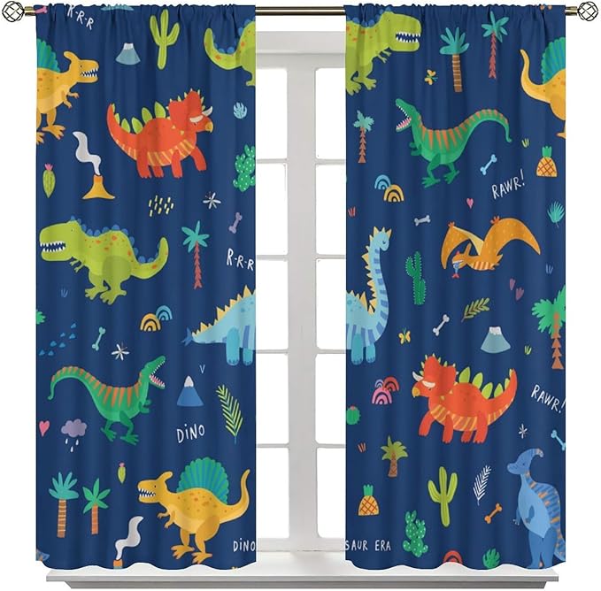 Funny Dinosaur Blackout Curtains Colorful Cartoon Animals Dino Tropical Plant Art Print for Kids Boys Bedroom Living Room Rod Pocket Decoration Window Drapes 2 Panels W31.5xL72in