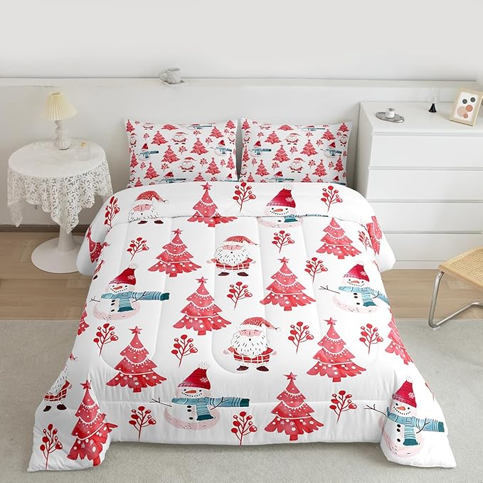 Feelyou Merry Christmas Comforter Set All Season Xmas Tree Snowman Bedding Set with 1 Pillow Cases Santa Claus Microfiber Kids Toddler Bedclothes Bedroom Decor Duvet Quilt Breathable Soft