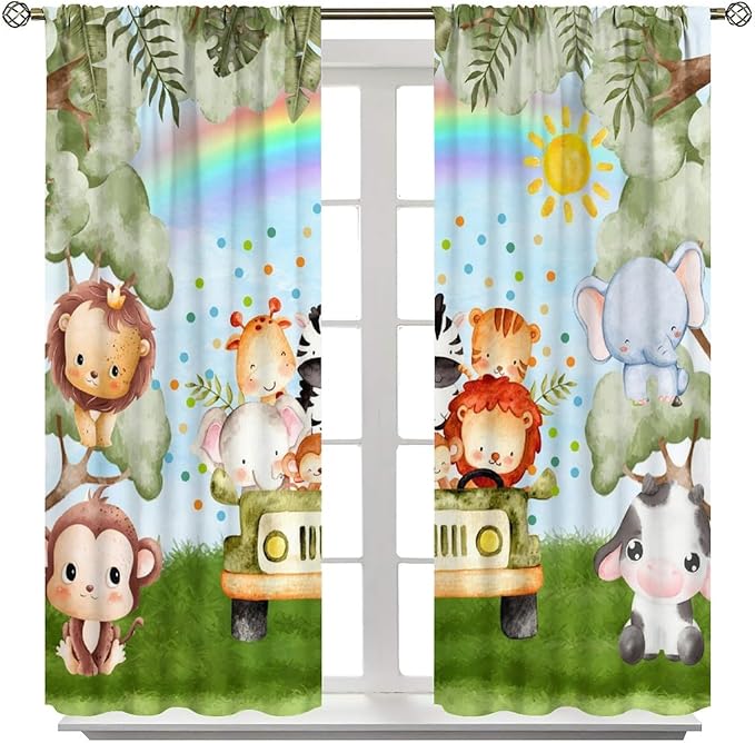 Woodland Kids Curtains Rustic Woodland Wild Animals Watercolor Forest Rainbow Sun Window Draeps for Baby Girls Boys Kids Nursery Bedroom Living Room 2 Panels, 42x63 Inch