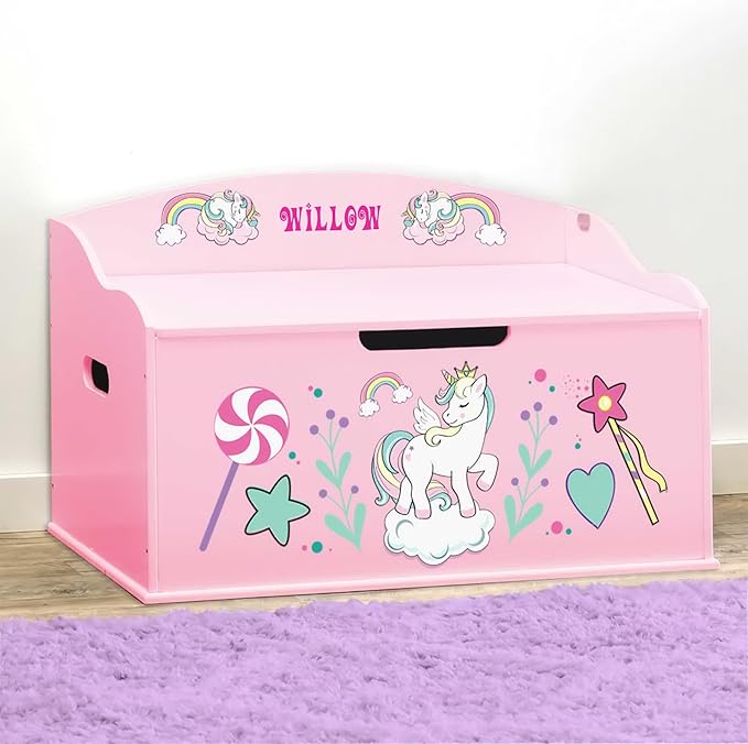 DIBSIES Personalized Creative Wonders Toy Box, Unicorns & Rainbows, 30 x 19.25 x 18 inches, Soft-Close Lid (Pink)