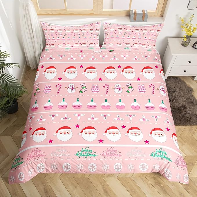 Feelyou Merry Christmas Decorative Pink Comforter Cover King Size Xmas Cartoon Santa Claus Snowmen Duvet Cover Winter New Year Bedding Set Gifts for Kids Boys Girls 2 Pillow Cases