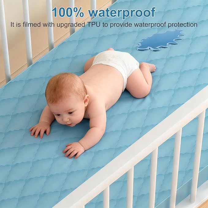 2Pack Waterproof Crib Sheets for Boy, Girl - Cotton 52X28 Fitted Crib Sheets Crib Mattress Protector Sheets,Soft Toddler Bed Sheets,Washable Infant Fitted Baby Bed Sheets (Blue, 52 * 28inch)