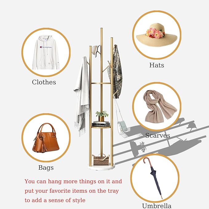 Gold Coat Racks Freestanding with 9 Hooks, Metal Coat Stand with Heavy Marble Base, Entryway Coat Tree Hanger, Purses Racks