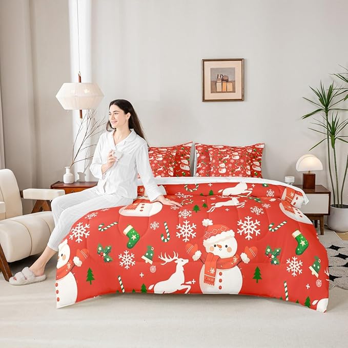 Red Christmas Comforter Set With Sheets 7 Piece King Size Cartoon Deer Snowman Bed in a Bag Kids Boys Girls New Year Red Bedding Set Reversible Xmas Decor Bedroom Decor Breathable Soft Lightweight