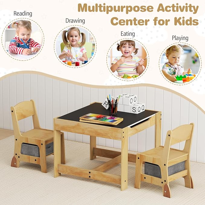 Costzon Kids Table and Chairs, 3 in 1 Wooden Activity Desk Set w/Double-Sided Tabletop, Storage Drawers and Reinforced Design for Drawing, Reading & Playing, Toddler Table and Chair Set (Gray)