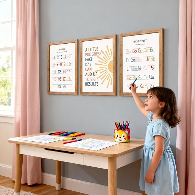 3 PCS Alphabet Numbers Framed Playroom Wall Decor,Classroom Must Haves,A Little Progress Each Day Boho Educational ABC Poster Wooden Sign for Baby Girl Kid Boy Toddlers,Neutral Preschool English Letters Nursery Decor for Homeschool Kindergarten Kids Le...