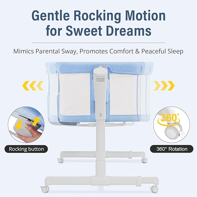 Baby Bassinet Bedside Sleeper 3-in-1, Easy Night Feeding with One-Side Fold & Rolling Wheels, Breathable Mesh, 6-Height Adjustable, Soft Mattress for Newborns