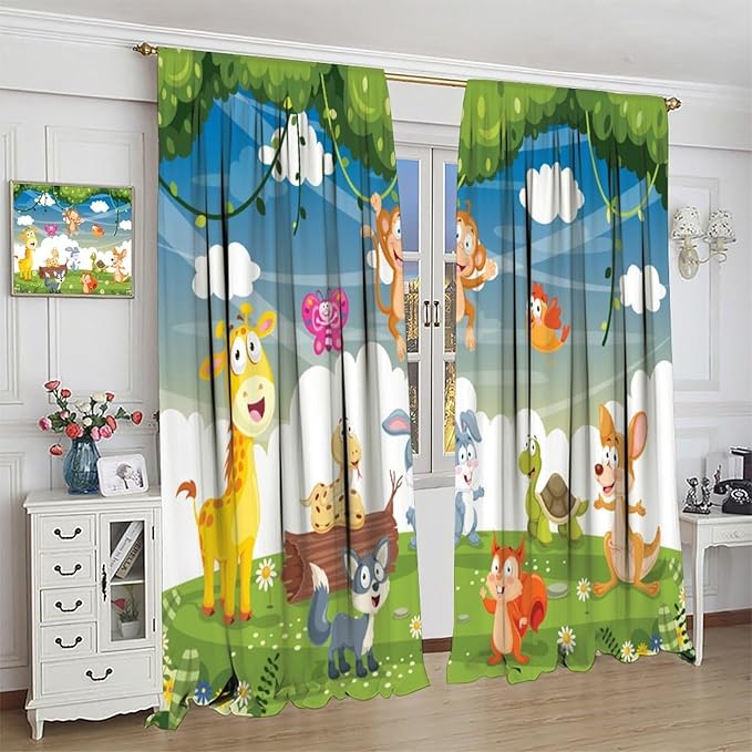 Animal Curtains, Cartoon Cute Woodland Jungle Forest Animals Pattern Blackout Window Treatments, Rod Pocket Thermal Insulated Drapes 2 Panel Sets for Kids Nursery Bedroom Classroom, 42" W X 45" L