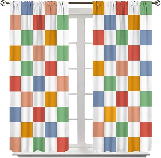 Retro Checkered Curtains,70s Vintage Twisted Checkered Window Drapes Colorful Groovy Trendy Wavy Hippie Grid Print Window Treatments for Kids Girls Bedroom Living Room Bathroom 63" W X 72" L
