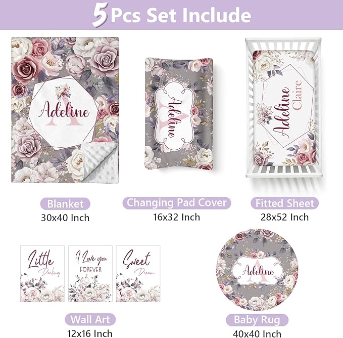 Personalized Baby Crib Bedding Set, 5 Pcs Custom Name Nursery Bedding Set for Girls Boys, Rose Baby Crib Set for Toddlers Infants, Double Layer Bedding Crib Sets Customized Gifts