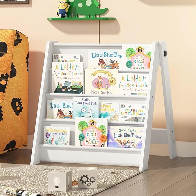 NACHES Montessori Kids Bookshelf Fabric Sling Pockets – Front Facing Toddler Book Display and Toy Storage Organizer for Nursery Playroom or Bedroom 23" Wide (White, Small)