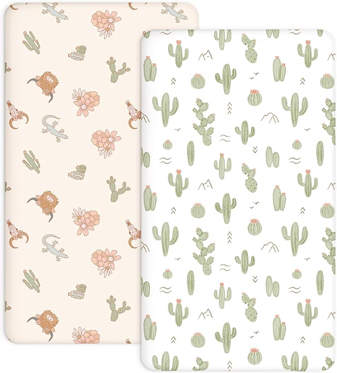 Crib Sheets for Boys and Girls, 2 Pack Fitted Baby Sheets for Standard Toddler Mattress 28" x 52", Soft Breathable Jersey Knit Baby Bedding (Cactus Cozy)