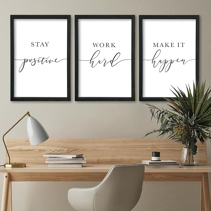 YWJKWLGS Inspirational Office Wall Art Set 16x24 Inch 3 piece Motivational Quotes Wall Decor Stay Positive Work Hard Make It Happen Signs for Home & Office Wood Framed Hanging (Black)