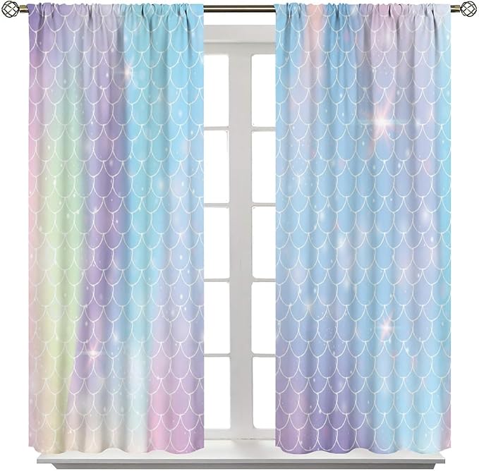 Mermaid Curtains, Kids Cartoon Watercolor Sea Animals Mermaid Princess Scales Pattern Print Living Room Decoration for Kids Girls Bedroom Nursery 52x84 Inch