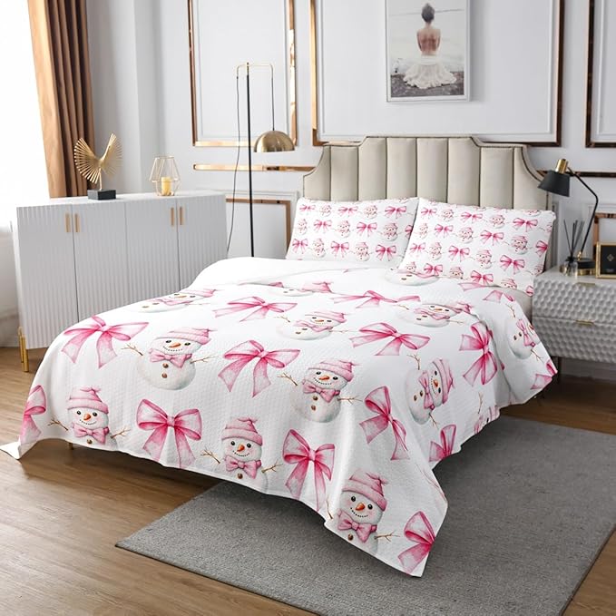 Cartoon Snowman Kids Bedspread King Size,Pink Bowknot Bow Tie Princess Toddler Coverlet Set,Girls Women Room Decor,Merry Christmas Xmas Bow Quilted Coverlet,New Year Bedding Quilt,2 Pillowcases