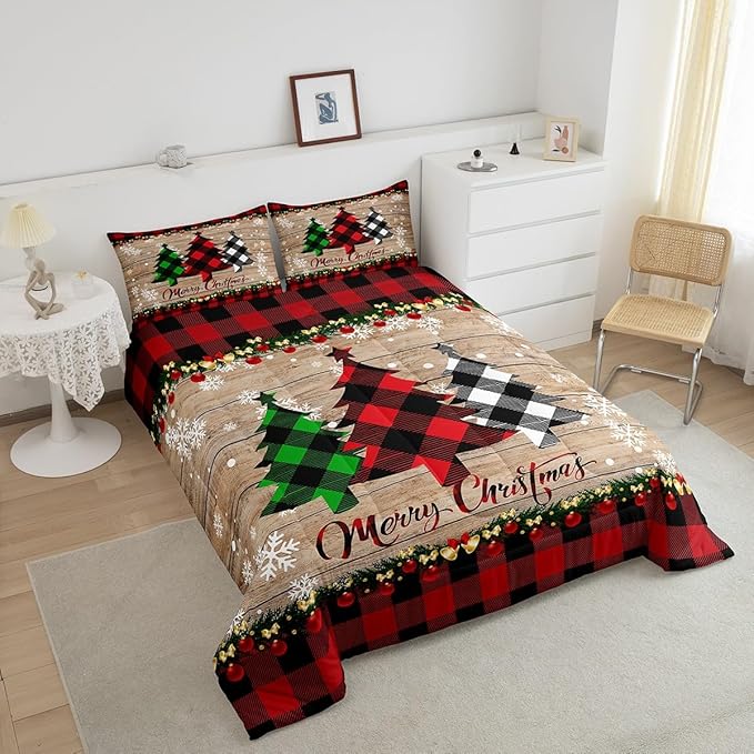 Manfei Plaid Tree Comforter Set Full Size, Wooden Stripe Print Bedding Set 3pcs for Kids Boys Girls Bedroom Decor, Christmas Theme New Year Quilt Set with 2 Pillowcases