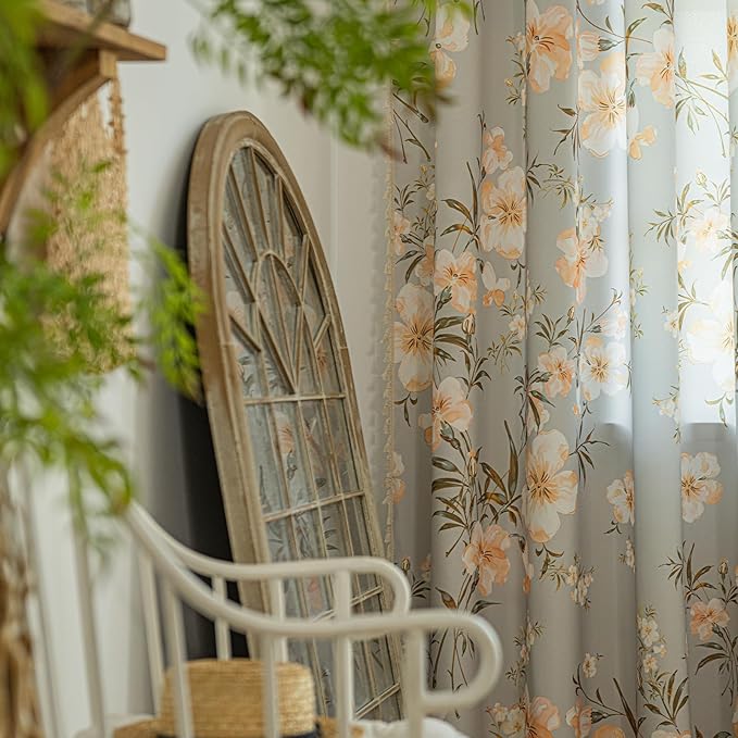 ENJOYBRIDAL Floral Curtains 96 Inches Long Living Room Bedroom Drapes Boho Dining Room Semi Sheer Farmhouse Window Curtains 2 Panels Cottage Core Cute Rod Pocket Window Treatments