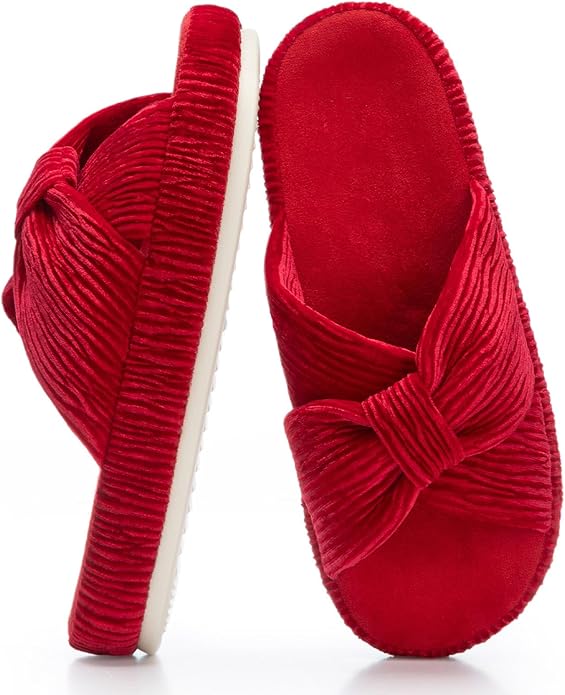 Chantomoo Slippers for Women Memory Foam House Bedroom Corduroy Bow Crossbands Slipper Shoes Comfy Trendy Gift Slippers