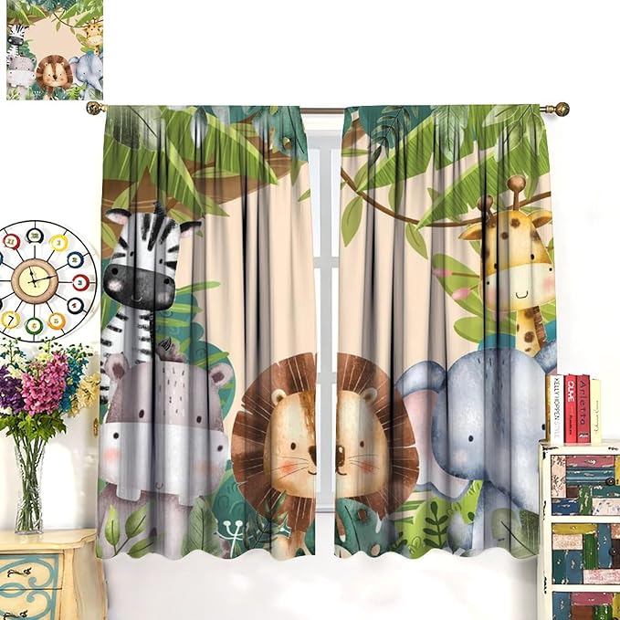 Jungle Animals Curtains Colorful Forest Cartoon Wildlife Lion Giraffe Elephant for Kids Boys Girls Nursery Bedroom Living Room Blackout Rod Pocket Decoration Window Drapes 2 Panels W42xL84in