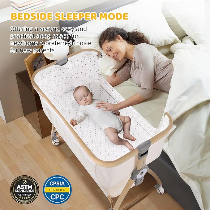 Bassinet Bedside Sleeper,Bedside Bassinet,Rocking Bassinet,3 in 1 Baby Bassinet with Mattress,Mobile,Mosquito Net,Storage Basket,6-Height Adjustable Portable Bassinet with Wheels for Newborn(Beige)