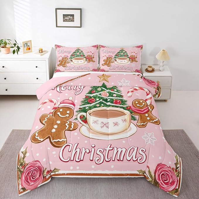 Feelyou Merry Christmas Comforter Set King Size Gingerbread Man Bedding Set for Kids Boys Girls Xmas Duvet Quilt Christmas Decor Bedroom Decor Microfiber 3 Pcs with 2 Pillow Cases