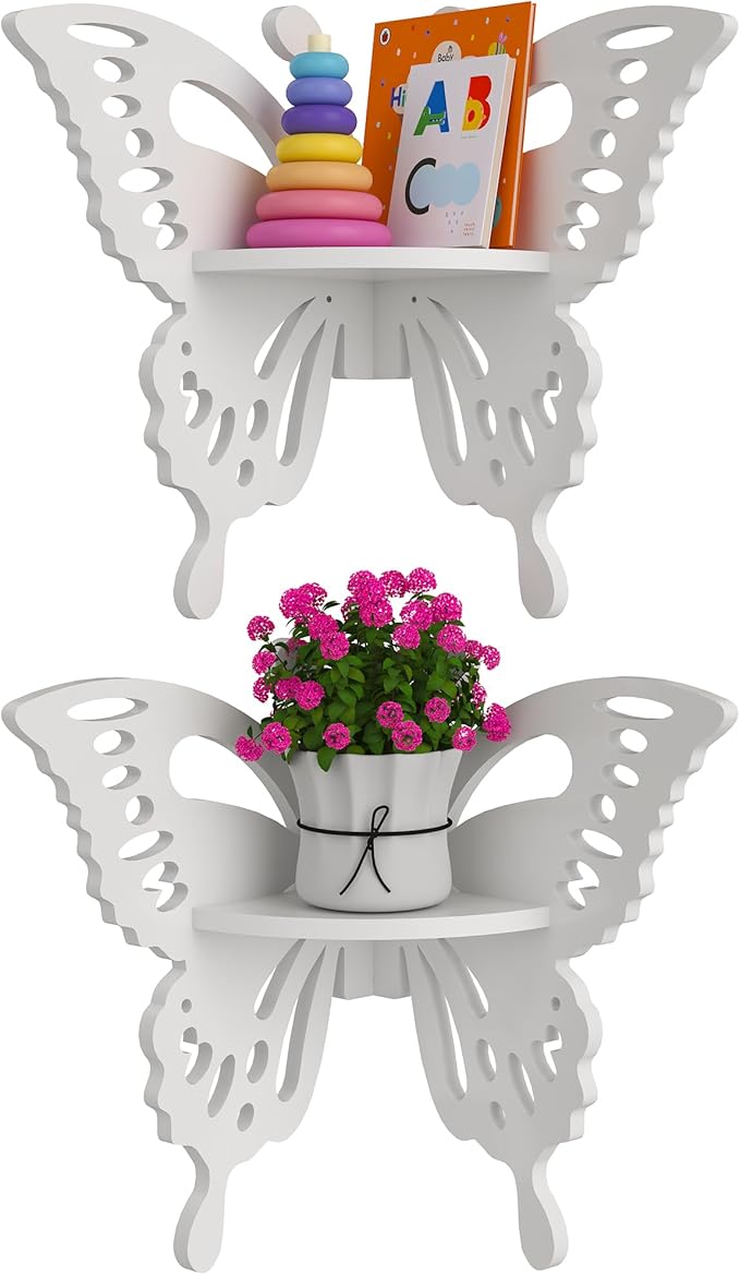 2-Tier Butterfly Corner Shelf - Nursery Wall Deor Floating Corner Shelf for Kid’s Room, Small Cute Decorative Shelf Wall Mounted, White Hanging Hollow Out Shelf for Toys, Plants and Storage