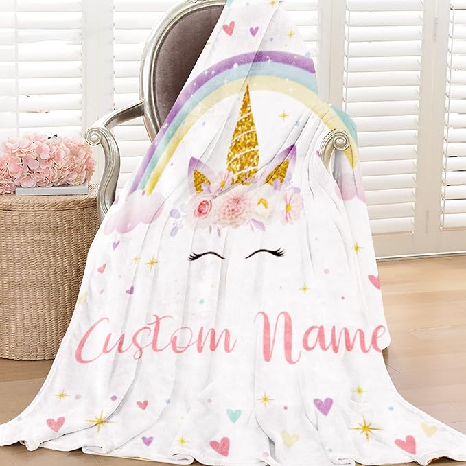 Personalized Unicorn Blanket with Name for Girl, Custom Kids, Soft Flannel Pink Toddler Customized Gift Birthday Christmas Baby Shower Newborn 30'' X 40''