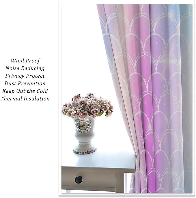 Mermaid Blackout Curtains, Kids Cartoon Blue and Pink Ocean Mermaid Scale Pattern Decoration for Girls Bedroom Nursery Curtains 42x45 Inch