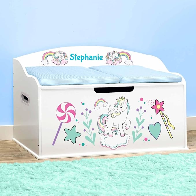 DIBSIES Personalized Creative Wonders Toy Box, Unicorns & Rainbows, 30 x 19.25 x 18 inches, Soft-Close Lid (White)