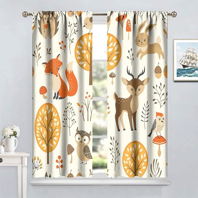 Kids Forest Animal Curtains,Baby Bedroom Window Treatments, Cartoon Watercolor Forest Animal Lion Boys Girls Children Bedroom Drapes 42x54 Inch