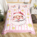 Manfei Cartoon Santa Claus Duvet Cover,New Yrar Decor Golden Snowflake Christmas Theme Bedding Set for Bedroom Decor,Girly Pink Geometric Stripes All Season Bedding (NO Comforter) King Size