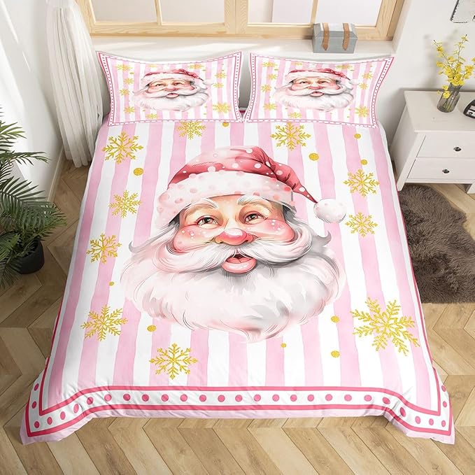 Manfei Cartoon Santa Claus Duvet Cover,New Yrar Decor Golden Snowflake Christmas Theme Bedding Set for Bedroom Decor,Girly Pink Geometric Stripes All Season Bedding (NO Comforter) King Size