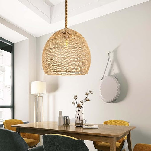 Arturesthome 1 Light Natural Rattan Pendant Light Fixture,Woven Pendant Light Wicker Chandelier,Hanging Ceiling Light,Handmade Lampshade,Rope Lamp for Kitchen Island W19.6in X H 17.7in