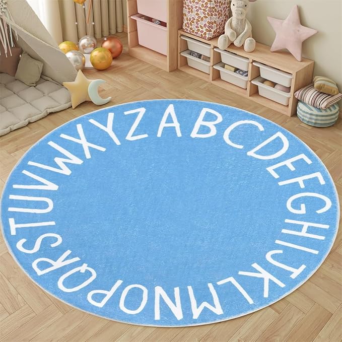 Round ABC Kids Carpet Alphabet Nursery Area Rug Extra Large Soft Crawling Play Mat Suitable for Children's Bedrooms - Non-Slip and Machine Washable-2.6ft Blue