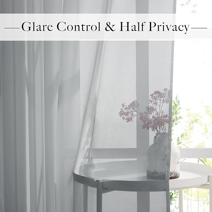 RYB HOME Gray Sheer Curtains, Light Filtering Elegant Solid Grommet Top Vertical Panels, Airy & Breathable Voile Sheer Drapes for Large Window, Living Room, Bedroom, 54W by 90L, Set of 4