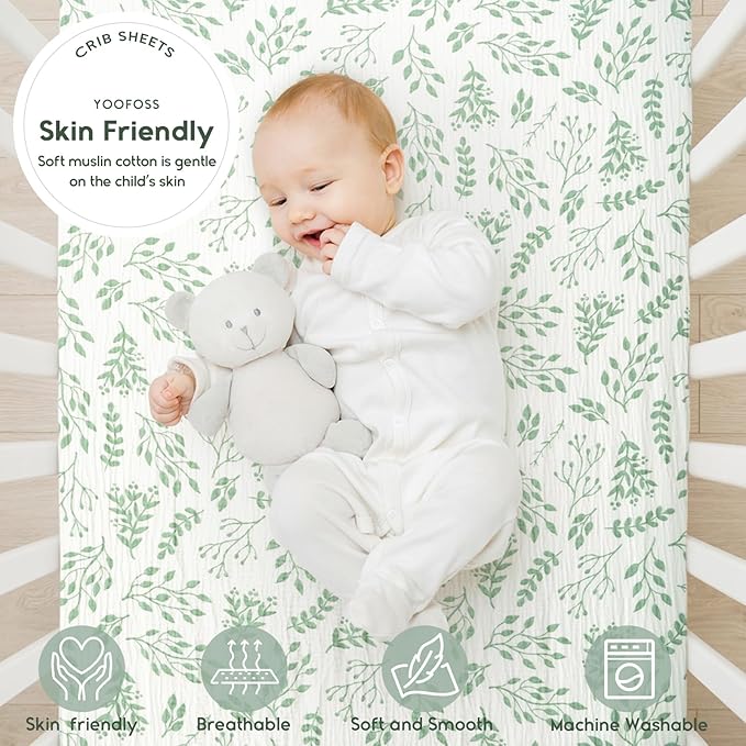 Yoofoss Muslin Crib Sheets for Boys Girls 100% Cotton Fitted Baby Crib Sheet 2 Pack Soft and Breathable for Standard Crib Mattress & Toddler Mattress 52"x28"