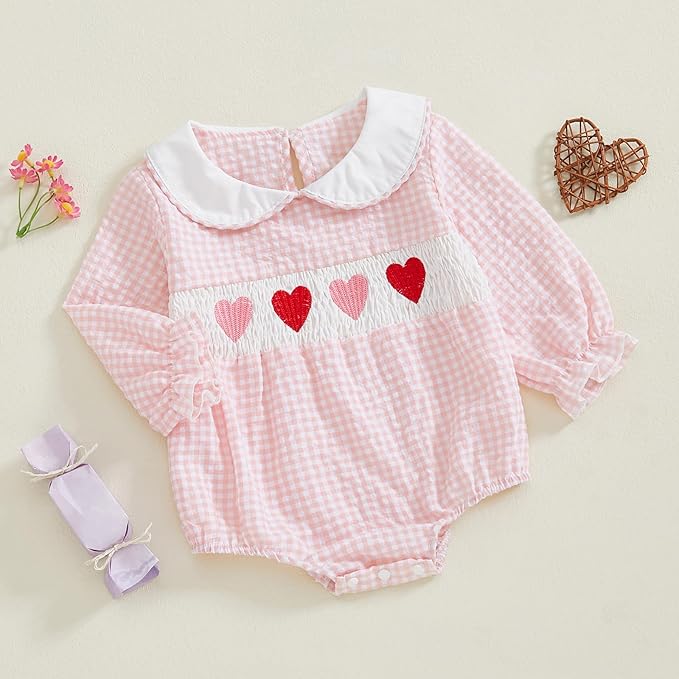Amiblvowa Baby Girl Valentines Day Outfit Embroidery Love Heart Smocked Bubble Romper Bodysuit Cute Infant Newborn Clothes