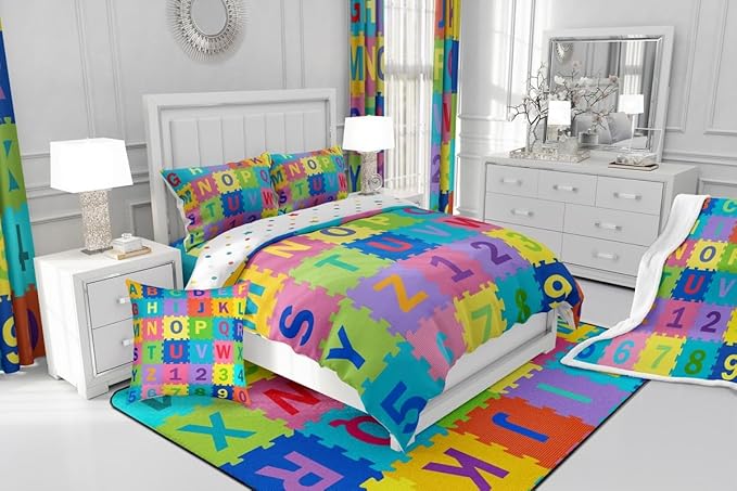 Feelyou Kids Puzzle Alphabet Numbers Comforter Set Twin Size ABC Letters Bedding Set for Kids Boys Girls Educational Duvet Quilt English Learning Bedroom Decor Microfiber 2 Pcs with 1 Pillow Cases