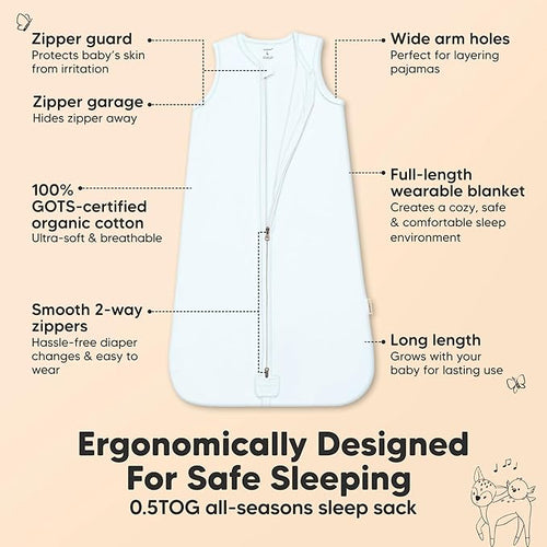2-Pack Baby Sleep Sacks, Zipper Wearable Blanket - 0.5TOG Organic Cotton, Lightweight, Soft Cozy Toddler Sleeping Sack 6-12 months, Easy to Wear Large Newborn Transition Swaddles Sleepsacks (Glacier)