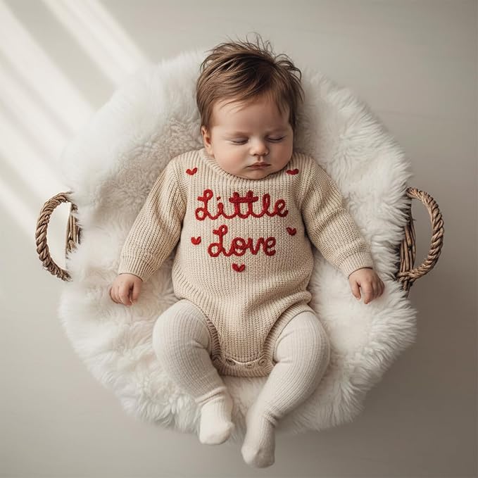 Lesimsam Newborn Baby Boy Girl Valentines Day Outfit Oversized Embroidery Long Sleeve Knit Sweater Bubble Romper Bodysuit