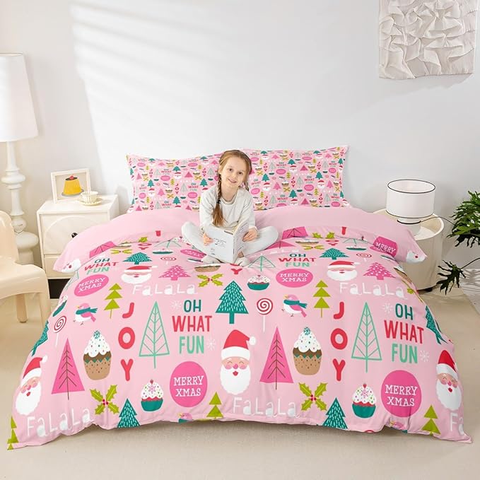 Feelyou Christmas Kids Bedding Set Cartoon Santa Claus Duvet Cover for Boys Children Teens Bedroom Decor Christmas Tree Comforter Cover Set Xmas Theme Bedspread Cover King Size with 2 Pillow Case